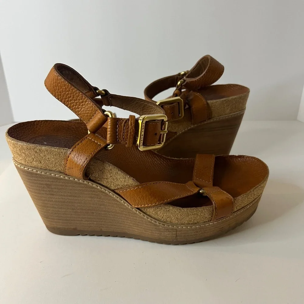 Womens Tory Burch‎ Brenden Brown Leather Wedge Sandal 9.5